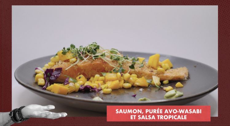 Saumon, purée avo-wasabi et salsa tropicale