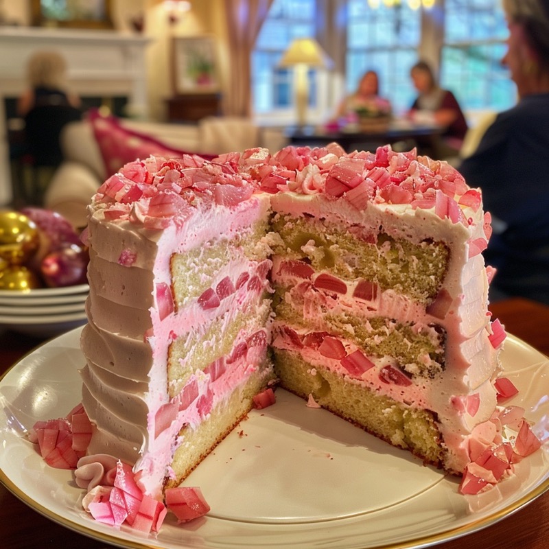 Gâteau étagé à la rhubarbe avec glaçage rose pour anniversaires