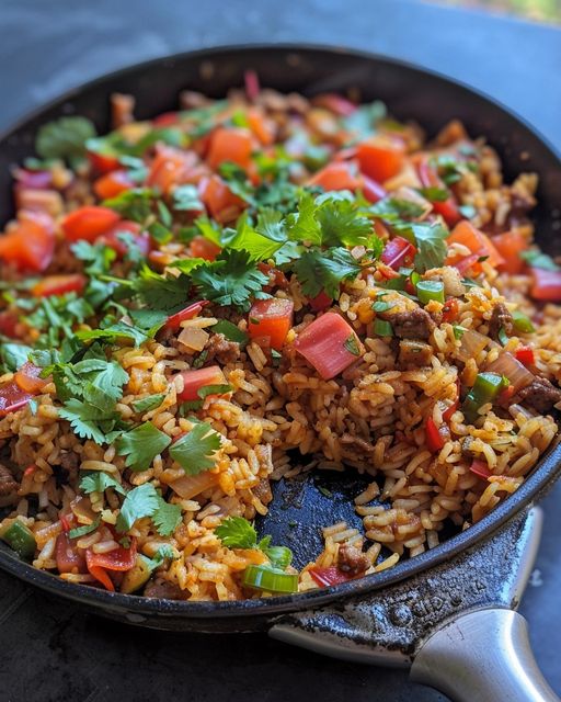 Riz frit épicé à la rhubarbe et au bœuf