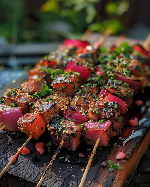 Brochettes grillées marinées à la rhubarbe salée