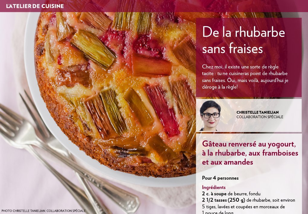 Gâteau renversé au yogourt, à la rhubarbe, aux framboises et aux amandes