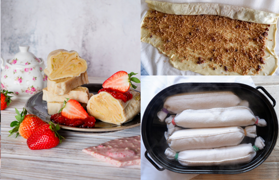 Dumplings à la rhubarbe et sauce à la fraise (Rabarini truklji z jagodno omako)