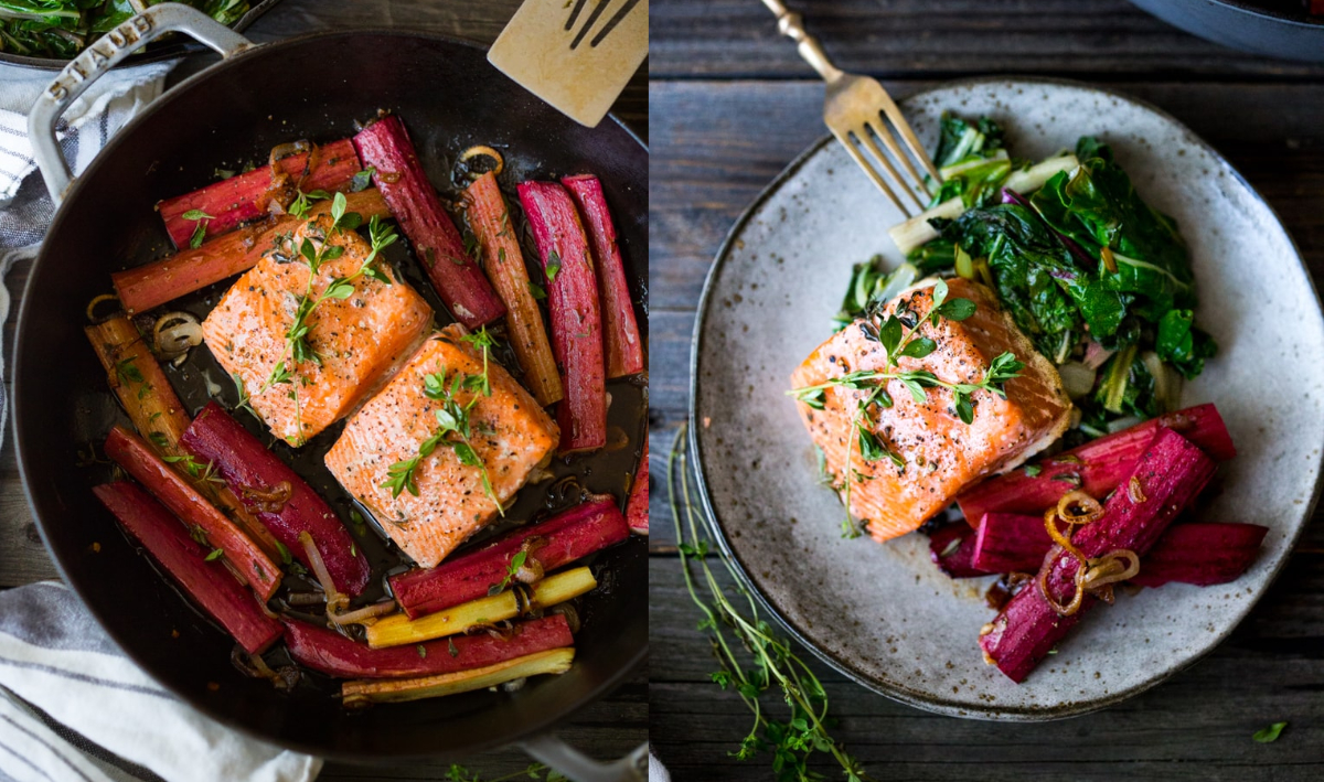 Saumon au four avec rhubarbe et bette à carde
