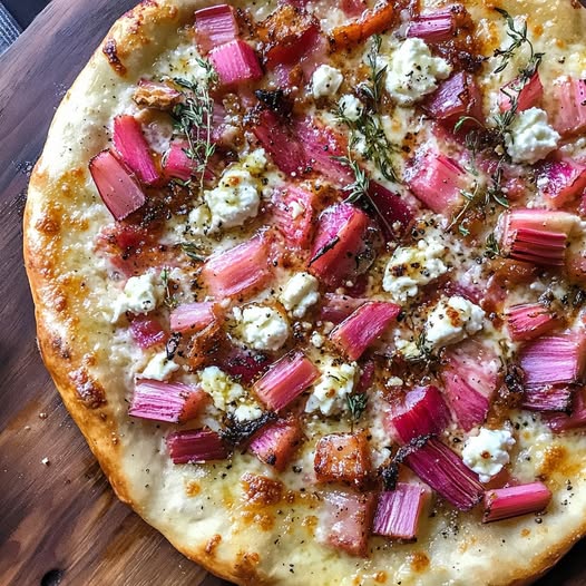 Pizza à la rhubarbe, fromage de chèvre et miel