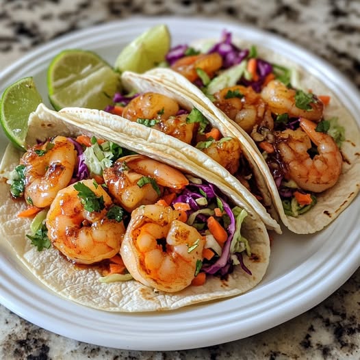 Tacos aux crevettes épicées à la rhubarbe et salade de chou